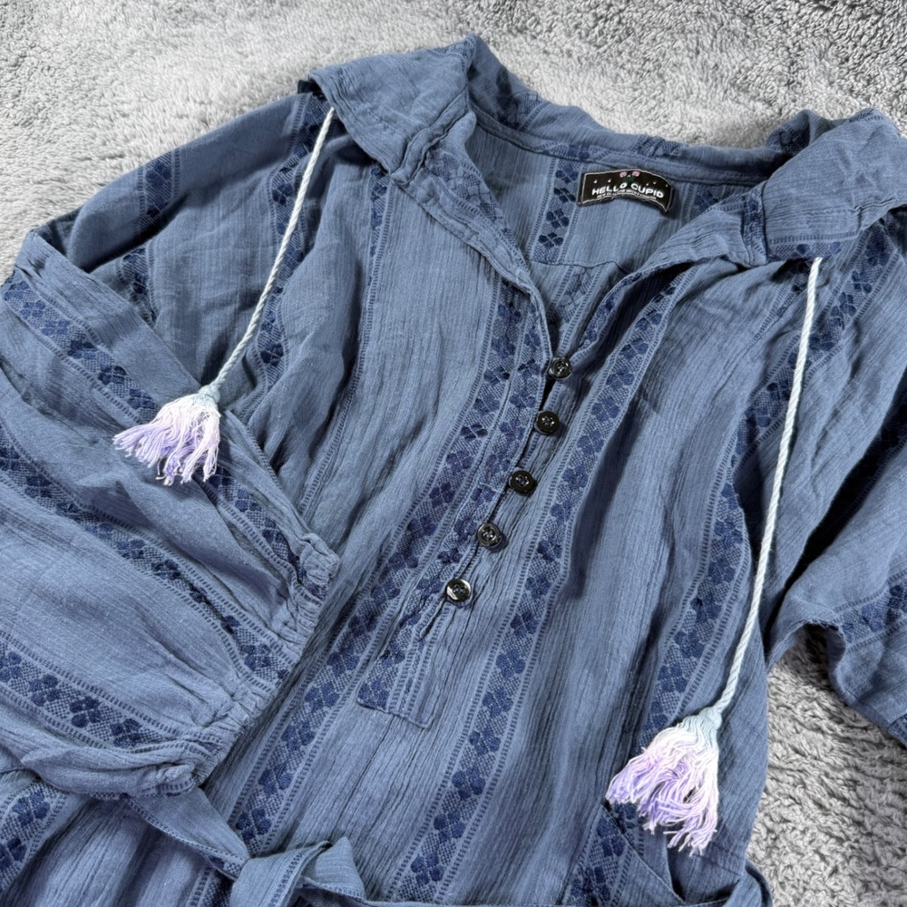 Hello Cupid Embroidered Hooded Maxi Dress Womens Blue Boho Tassel Lagenlook
